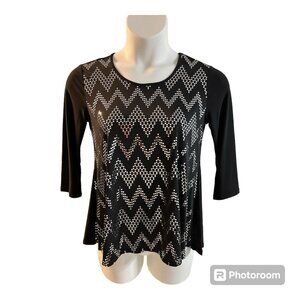Black Chevron Zig Zag Silver Sequin Top Blouse Shirt 3/4 Sleeve Petite Small
